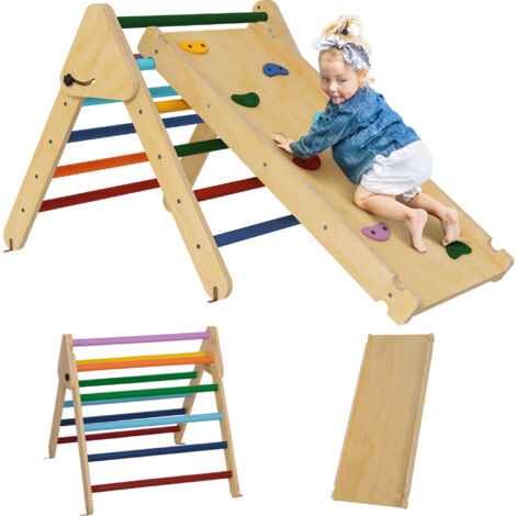 Toddler Climbing Frame for Kids, with Ramp, 3-in-1 Wooden Play Triangle Set for 18-48 Months, Multicolour