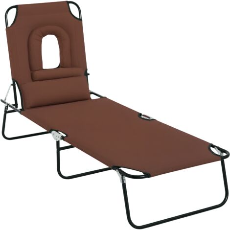 Outsunny Outdoor Folding Sun Lounger with Face Hole, 4 Level Adjustable Backrest Reclining Garden Lounger, Garden Recliner Sunbed with 600 D Oxford Cloth Seat and Pillow for Beach, Brown (1/5)