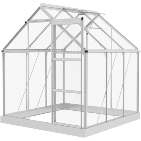 6 x 6ft Walk-In Greenhouse, Polycarbonate Greenhouse with Sliding Door, Window, Aluminium Frame, Foundation, Silver (1/5)