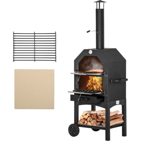 Outsunny Outdoor Garden Pizza Oven Charcoal BBQ Grill 3-Tier Freestanding w/ Chimney, Mesh Shelf, Thermometer Handles, Wheels Garden Party Gathering Stainless Steel Cooker (1/5)