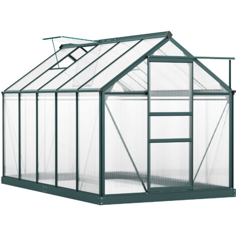 Outsunny 6 x 10ft Polycarbonate Greenhouse, Large Walk in Green House with Slide Door and Window, Garden Plants Grow House with Aluminium Frame and Foundation, Dark Green