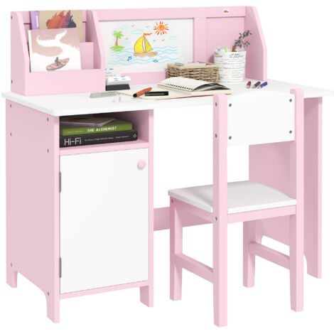Kids Desk And Chair Set 2 PCs Childrens Table And Chair Set Multi Use Toddler Furniture with Whiteboard, Storage - Pink (1/5)