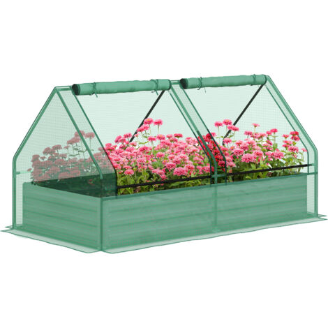 Metal Planter Box with Cover, Raised Garden Bed with Greenhouse, for Herbs and Vegetables, Green and Dark Grey (1/5)