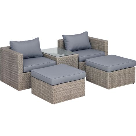 Outsunny 5 Piece Rattan Garden Furniture Set w/ 10cm Thick Cushions, Aluminium Frame Wicker Outdoor Balcony Sofa Set with Corner Armchairs, Ottomans, and Glass Top Table, Mixed Brown (1/5)