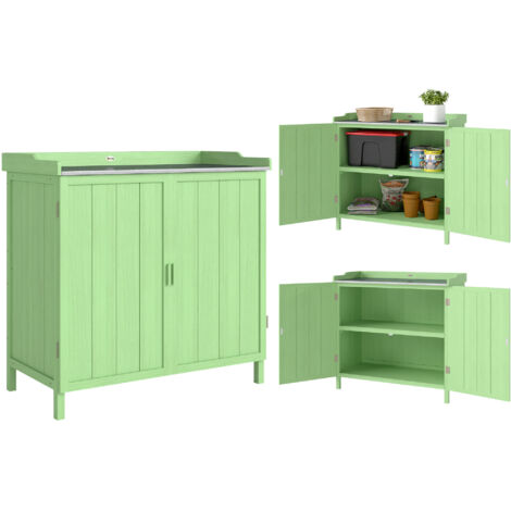 Outsunny Wood Garden Storage Cabinet, Outdoor Tool Shed, Potting Bench Table with galvanised Top and Two Shelves for garden Tools or Pool Accessories, Green (1/5)