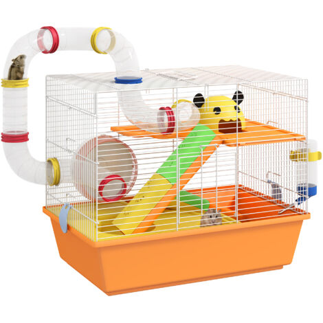 3 Tiers Gerbil Cage, Hamster Cage with Tubes, Exercise Wheel, Ladder, Top Handle, 45 x 28 x 37cm - Orange (1/5)