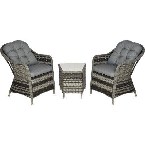Outsunny 3 Pieces Rattan Bistro Set, Wicker Garden Bistro Set, Glass Top Balcony Table and Chairs with Cushions for Outdoor, Patio, Balcony, Grey (1/5)