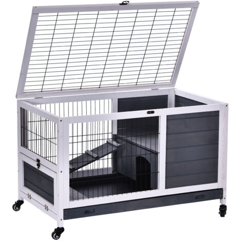 Wooden Guinea Pig Hutch, 2-Floor Bunny Cage w/ Enclosed Run Area, Grey (1/5)