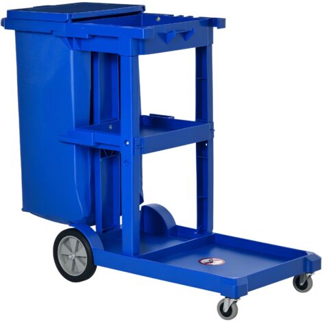 Janitor Cleaning Trolley, with Bin, Shelves and Hooks - Blue (1/5)