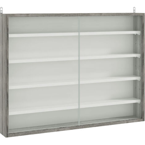 5-Tier Wall Display Shelf Unit Cabinet w/ 4 Adjustable Shelves Glass Doors Home Office Ornaments 60x80cm Grey Wood Grain