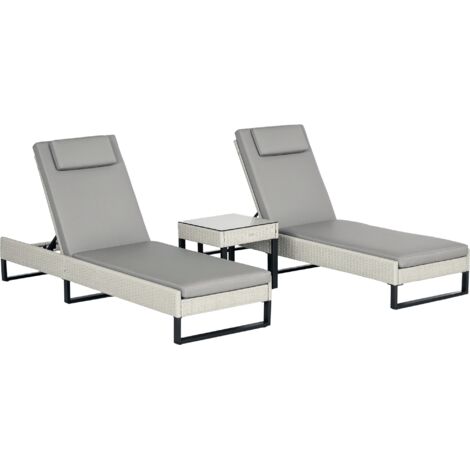 Outsunny 3-piece PE Rattan Sun Lounger Set with Adjustable 5-Position Recliner, Patio Chaise Lounge Chair Set with Cushions, Headrests, Glass Top Square Coffee Table, Light Grey (1/5)