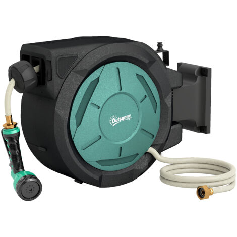 Outsunny Retractable Hose Reel Wall Mounted, 20+2m Garden Hose Pipe Reel with Lock, Auto Rewind, 7 in 1 Spray Nozzle, Includes Wall Fixings, 180° Swivel, Outdoor Watering, 54 x 20 x 39 cm, Black (1/5)