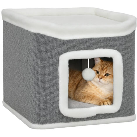 Cat House for Indoor Kittens, 2-Level Cat Cave Bed with Fluffy Balls, Top Bed, Kitten Barrel for Multi Kitties, Grey (1/5)
