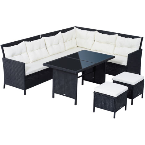 8-Seater Garden Rattan Furniture Rattan Corner Dining Sofa Set Wicker Conservatory Furniture Lawn Patio Coffee Table Foot Stool w/Cushion-Black (1/5)