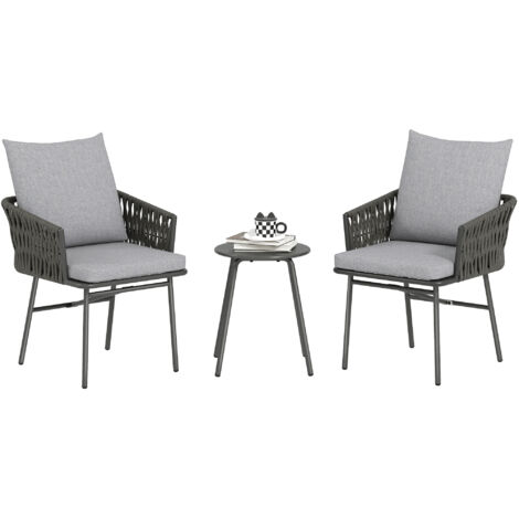Outsunny 3-Piece Rattan Bistro Set, Garden Table and Chairs with 4 Cushions, Patio Rattan Conversation Furniture Set for Balcony, Porch, Terrace, Grey (1/5)