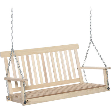 Outsunny Outdoor Wooden Swing Bench 2-Seater Porch Swing Chair Hanging Hammock Garden Furniture, Natural