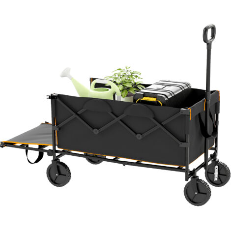 Outsunny 160L Festival Trolley on Wheels, Folding Camping Trolley Cart w/ Tailgate, 100kg Heavy Duty Garden Collapsible Folding Wagon w/Adjustable Handle, Carry Bag for Beach Picnic, Black and Orange