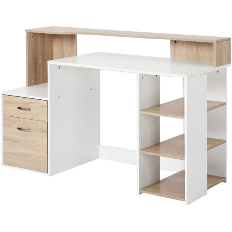 Computer Desk with Drawers and Storage Shelves, Office Desk Writing Table with Printer Stand, Large Workstation for Study Play Work Home Office, 137 x 55 x 92cm, Oak