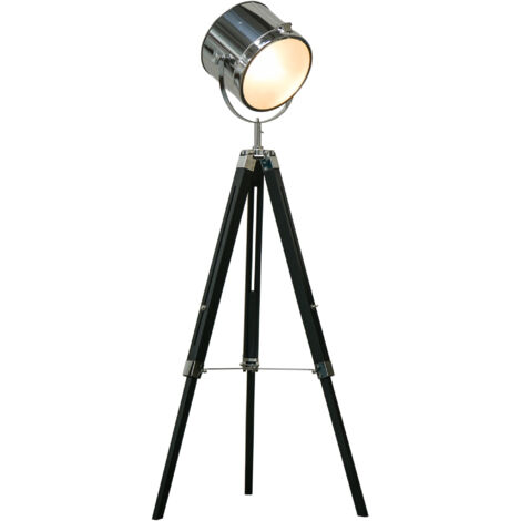 Industrial Style Adjustable Tripod Floor Lamp, Searchlight Lamp with Wooden Legs and Steel Lampshade, 110-155cm, Black (1/5)
