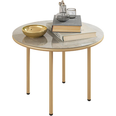 Outsunny Round Coffee Table, Modern End Side Table with Faux Marble Tempered Glass Top, Steel Frame for Living Room, Bedroom, Office, Beige (1/5)