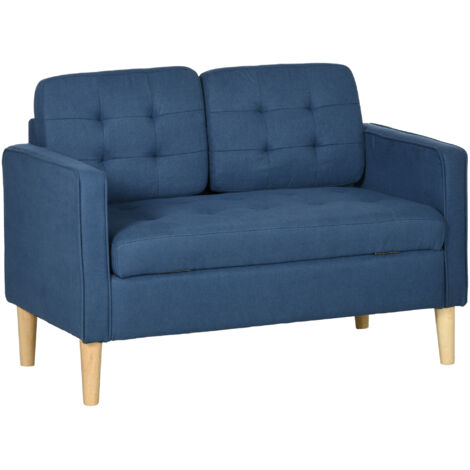Modern Loveseat Sofa, Compact 2 Seater Sofa with Hidden Storage, 117cm Tufted Cotton Couch with Wood Legs, Blue (1/5)