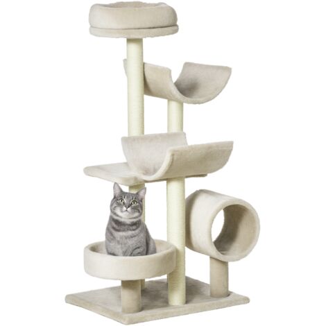 PawHut Cat Tree for Indoor Cats Kitten Pet Scratching Post Perch Activity Center Scratcher Climb Post Play House Arch with Tunnel 105cm Tall Beige (1/5)