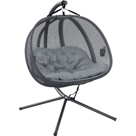 Outsunny Double Hanging Egg Chair 2 Seaters Texteline Swing Hammock Chair with Stand, Cushion and Folding Design, for Indoor and Outdoor, Grey (1/5)