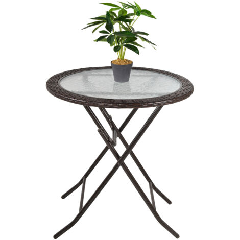 Outsunny Folding Rattan Garden Dining Table, 68 cm Round Rattan Garden Table with Water Ripple Tempered Glass Top, Wicker Edging and Steel Frame for Outdoor, Patio, Brown (1/5)