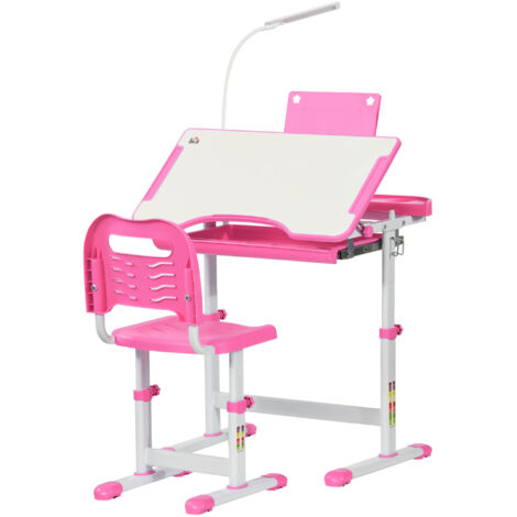 Kids Study Desk and Chair Set w/ Adjustable Height, Storage, Drawer, Pink (1/5)