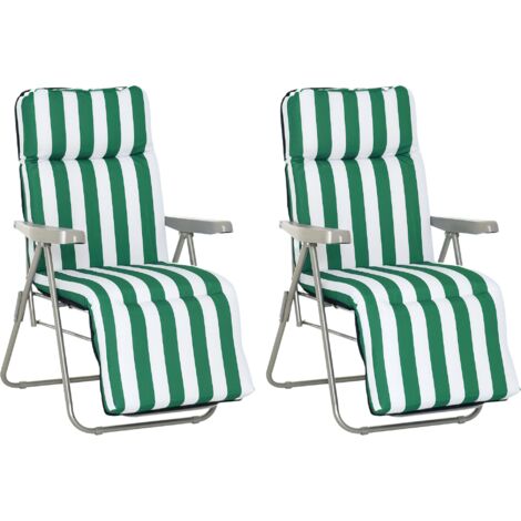 Outsunny Reclining Garden Chair Set of 2, 5-Level Adjustable Zero Gravity Chairs with Cushions, Folding Sun Lounger Garden Recliner Chairs with Armrests for Outdoor, Patio, Green Stripe (1/5)