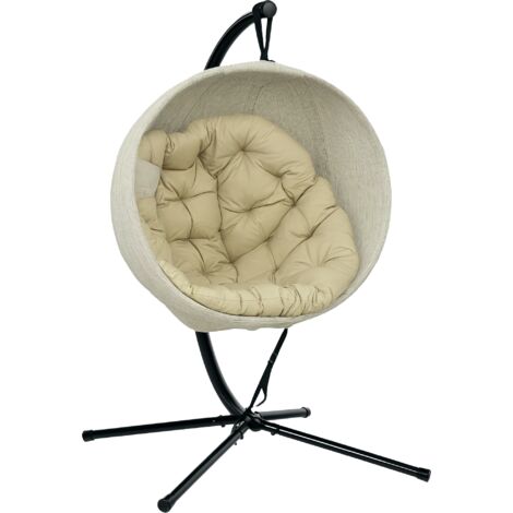 Outsunny Hanging Egg Chair Outdoor Indoor Garden Swing Chair with Folding Basket, Thickened Cushion, Cup Holder for Patio, Balcony, Khaki (1/4)