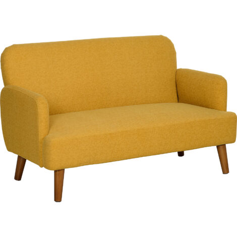 Velvet Feel Fabric 2 Seater Sofa, Small Sofa Loveseat with 21cm Thick Padding and Wood Legs, Yellow (1/5)