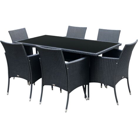 Outsunny 6 Seater Rattan Dining Set with Cushions, Rattan Garden Furniture Set with 6 Armchairs, Rectangular Glass Top Table, Outdoor Dining Table and Chairs, Black (1/5)