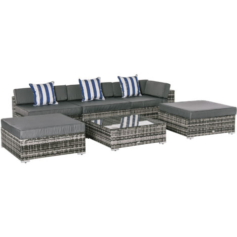 Outsunny 6 Pieces Rattan Garden Furniture Set, 5 Seater Garden Sofa Set with Thickened Cushions, Glass Top Coffee Table and Ottomans, Outdoor Sectional Conservatory Furniture with Pillows, Grey (1/5)