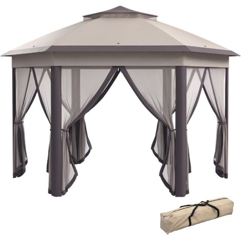 Outsunny 3 x 4m Garden Gazebo Hexagon Pop Up Gazebo Party Tent Canopy Double Roof Instant Shelter with Netting and Carry Bag for Outdoor Patio, Beige (1/5)
