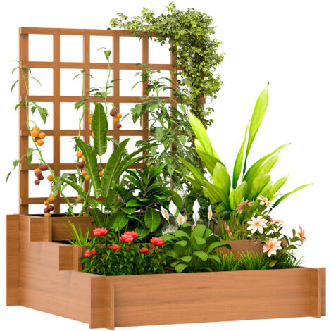 3 Tier Garden Planters with Trellis for Vine Climbing, Wooden Raised Beds, 95x95x110cm, Brown (1/5)