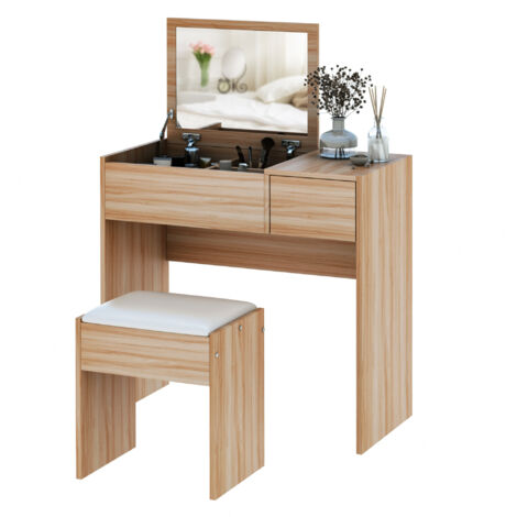 Dressing Table with Flip-Up Mirror and Cushioned Stool, Makeup Vanity Desk with Hidden Compartments and Storage Drawer, Convertible Writing Table for Bedroom, Natural (1/5)