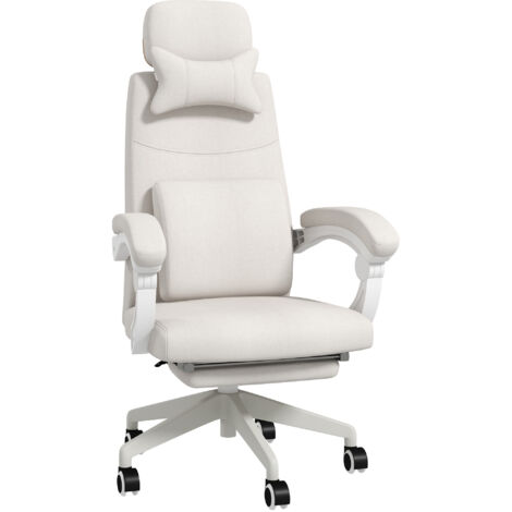 Linen-Look Office Chair, with 160° Reclining Back and Footrest - White (1/5)