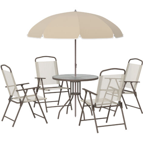 Outsunny Garden Patio Texteline Folding Chairs Plus Table and Parasol Furniture Bistro Set 6 Pieces - Beige (1/5)