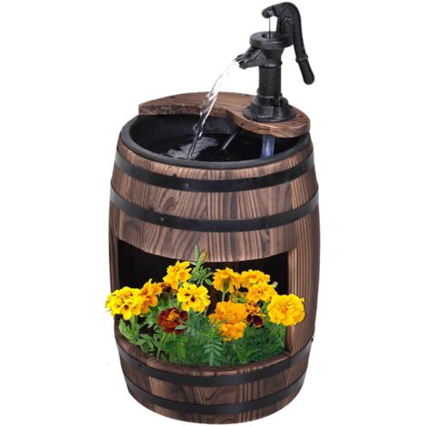 Outsunny Barrel Garden Water Feature with Electric Pump, Wooden Garden Decorative Ornament Waterfall Fountain with Flower Planter Decor (1/5)
