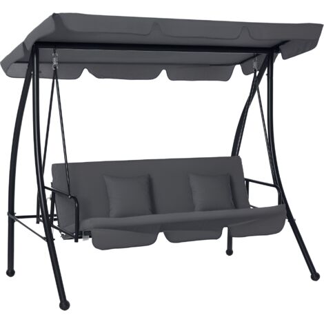 Outdoor 2-in-1 Swing Chair Lounger 3 Seater Garden Swing Seat Bed Convertible Tilt Canopy W/ Cushion, Dark Grey (1/5)