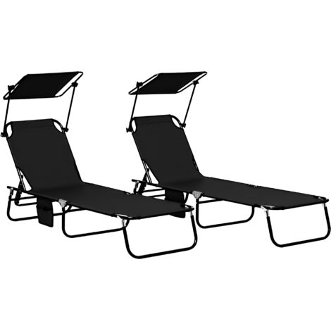 Set of Two Folding Sun Loungers, with Adjustable Backs and Sun Canopies - Black (1/5)