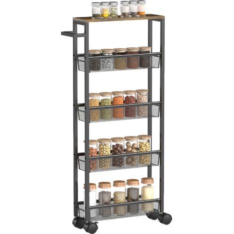 Slim Storage Trolley, 5-Tier Kitchen Cart on Wheels with Wood-effect Top, Handle for Living Room, Bathroom, Black (1/5)