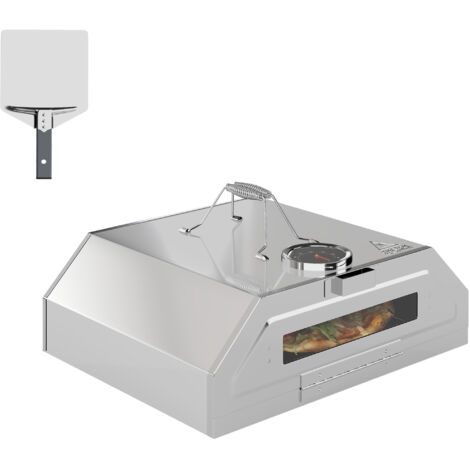 Outsunny 8 in Portable Stainless Steel BBQ Grill Top Pizza Oven with Built-in Thermometer and Viewing Window for Gas and Charcoal BBQ Grills, Includes Carry Handles, Pizza Stone and Peel, Silver Tone