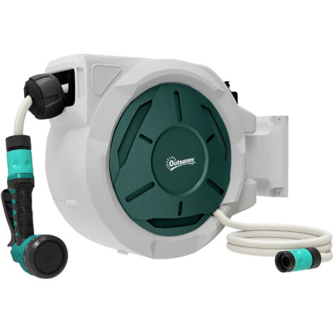 Outsunny Retractable Hose Reel Wall Mounted, 30+2m Garden Hose Pipe Reel with Lock, Auto Rewind, 7 in 1 Spray Nozzle, Includes Wall Fixings, 180° Swivel, Outdoor Watering, 59 x 23 x 42 cm, Grey (1/5)