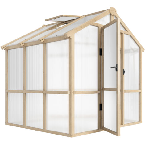 Outsunny 6.6 x 6ft Polycarbonate Greenhouse, Walk-in Wooden Greenhouse with Lockable Door and Window, Garden Plants Grow House, Brown (1/5)
