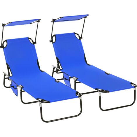 Set of Two Folding Sun Loungers, with Adjustable Backs and Sun Canopies - Blue (1/4)