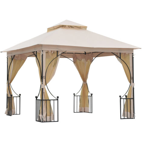 Outsunny 3 x 3m Garden Gazebo Patio Party Tent Shelter Outdoor Canopy Double Tier Sun Shade with Metal Frame and Netting, Beige (1/5)