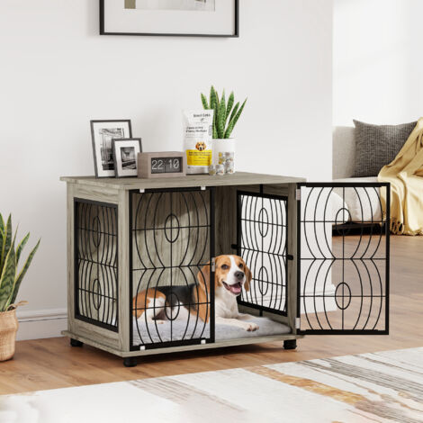 Indoor Dog Crate Furniture End Table w/ Plush Washable Cushion, Lockable Door, for Medium Dogs