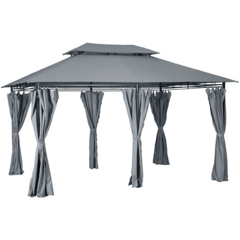 Outsunny 4m x 3(m)Garden Gazebo, Double Roof Outdoor Gazebo Canopy Shelter with Curtains, Solid Steel Frame for Patio, Garden, Grey (1/5)
